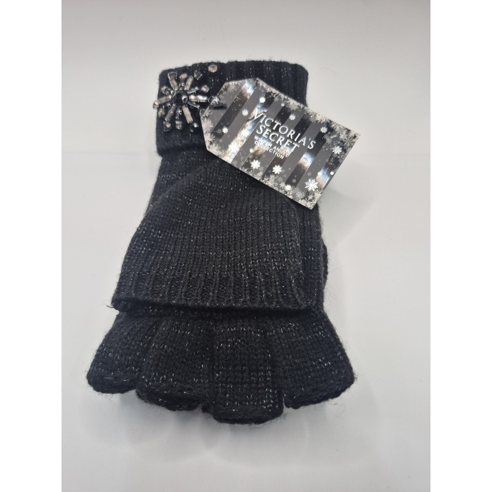 VICTORIA'S SECRET LOGO SNOWFLAKES SPARKLE CONVERTIBLE MITTENS GLOVES BLACK NEW